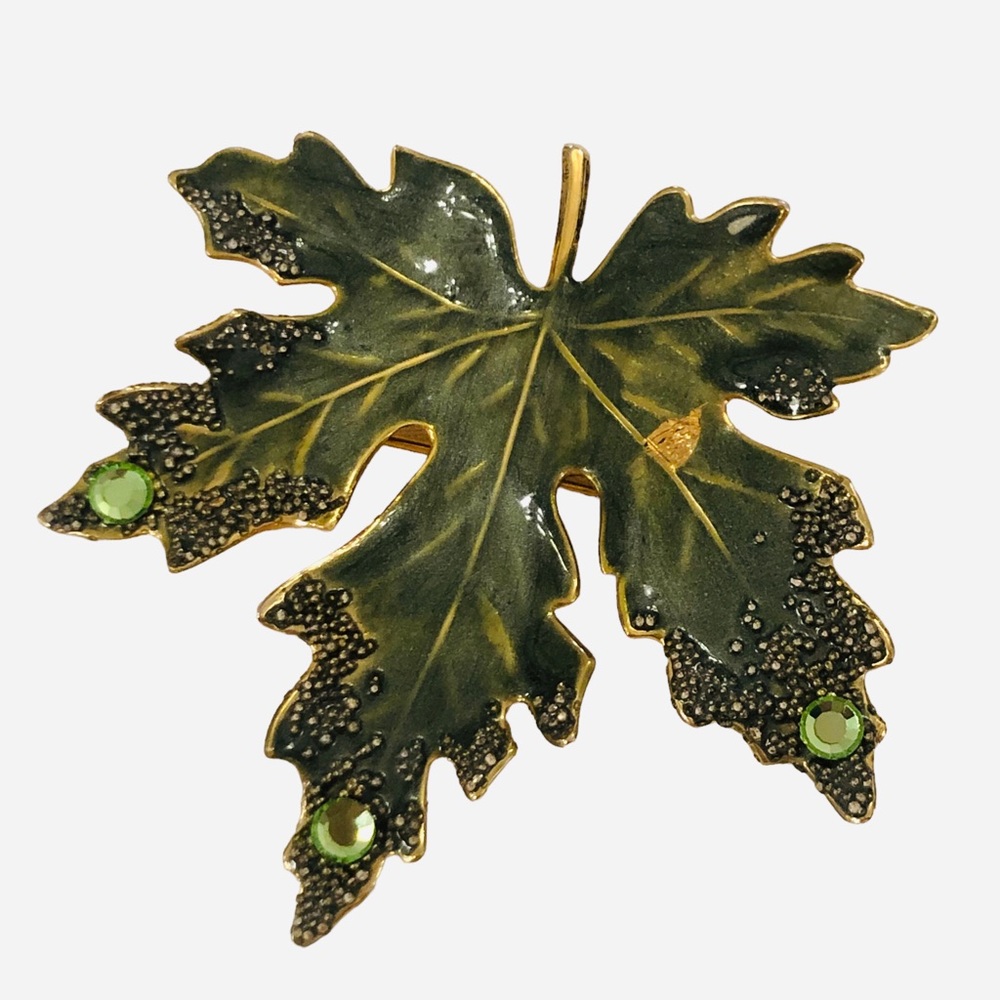 Vintage Detailed Green Enamel Leaf Brooch Pin - Picture 1 of 5